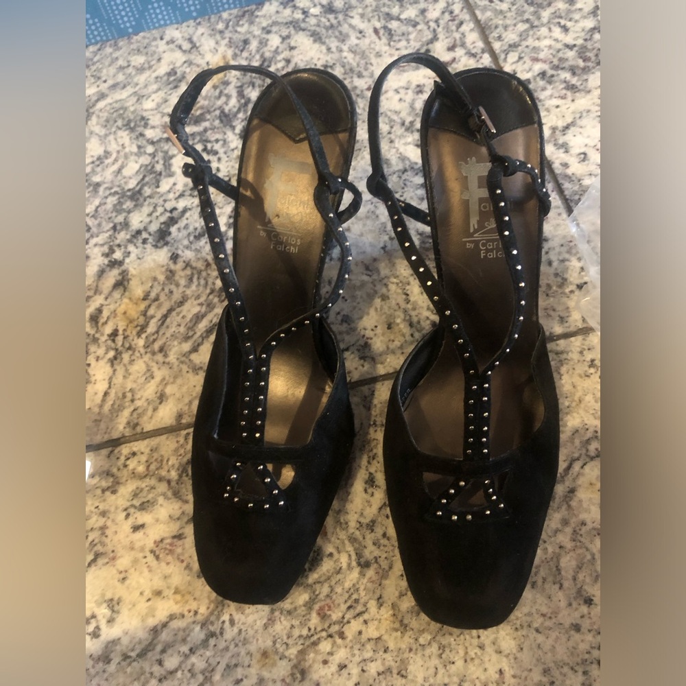 Black Suede evening shoes sling back by Carlos Falchi size 8